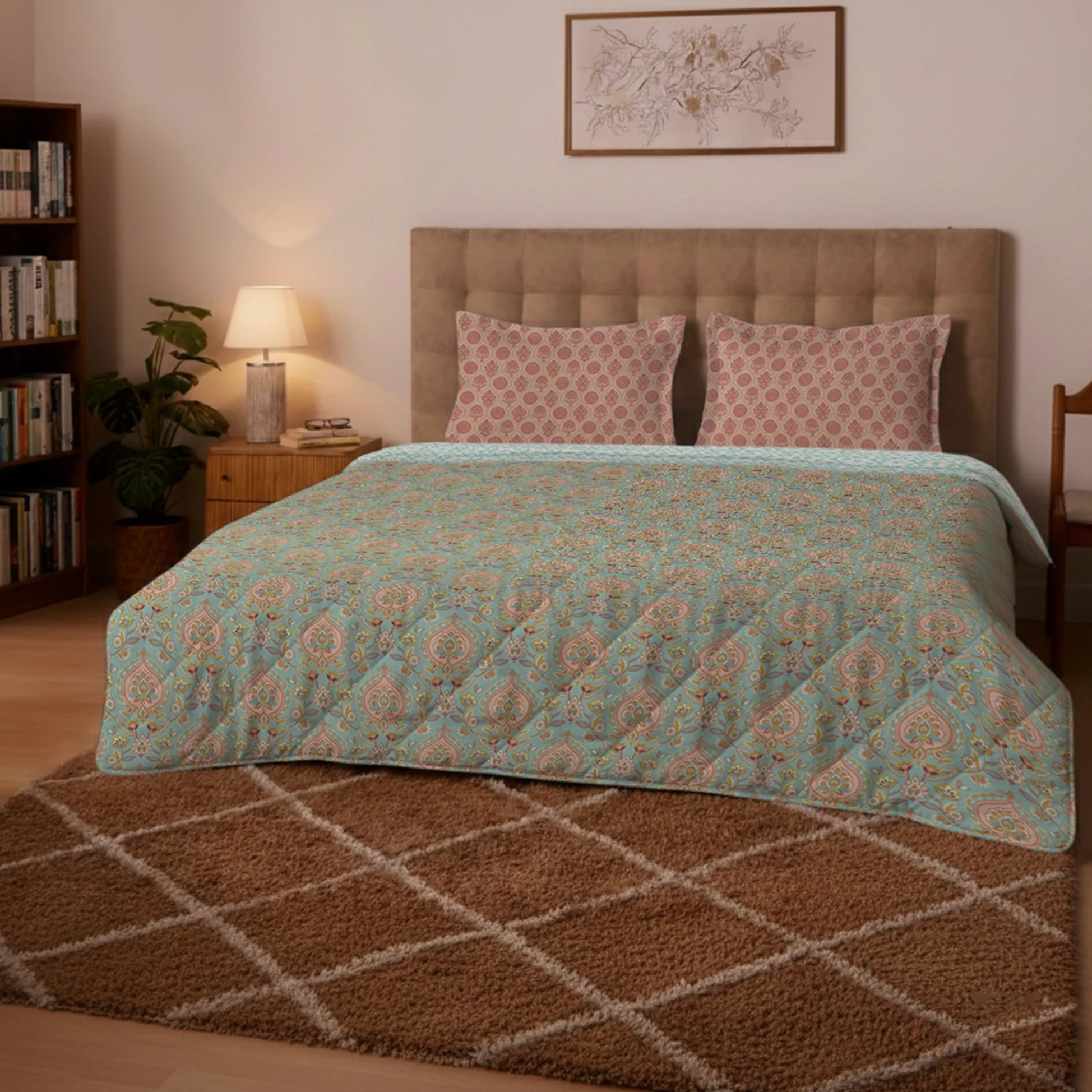 Aangan Weaves | Sage Green Traditional Printed 150 GSM Reversible Comforter - Sea Glass - Image 2