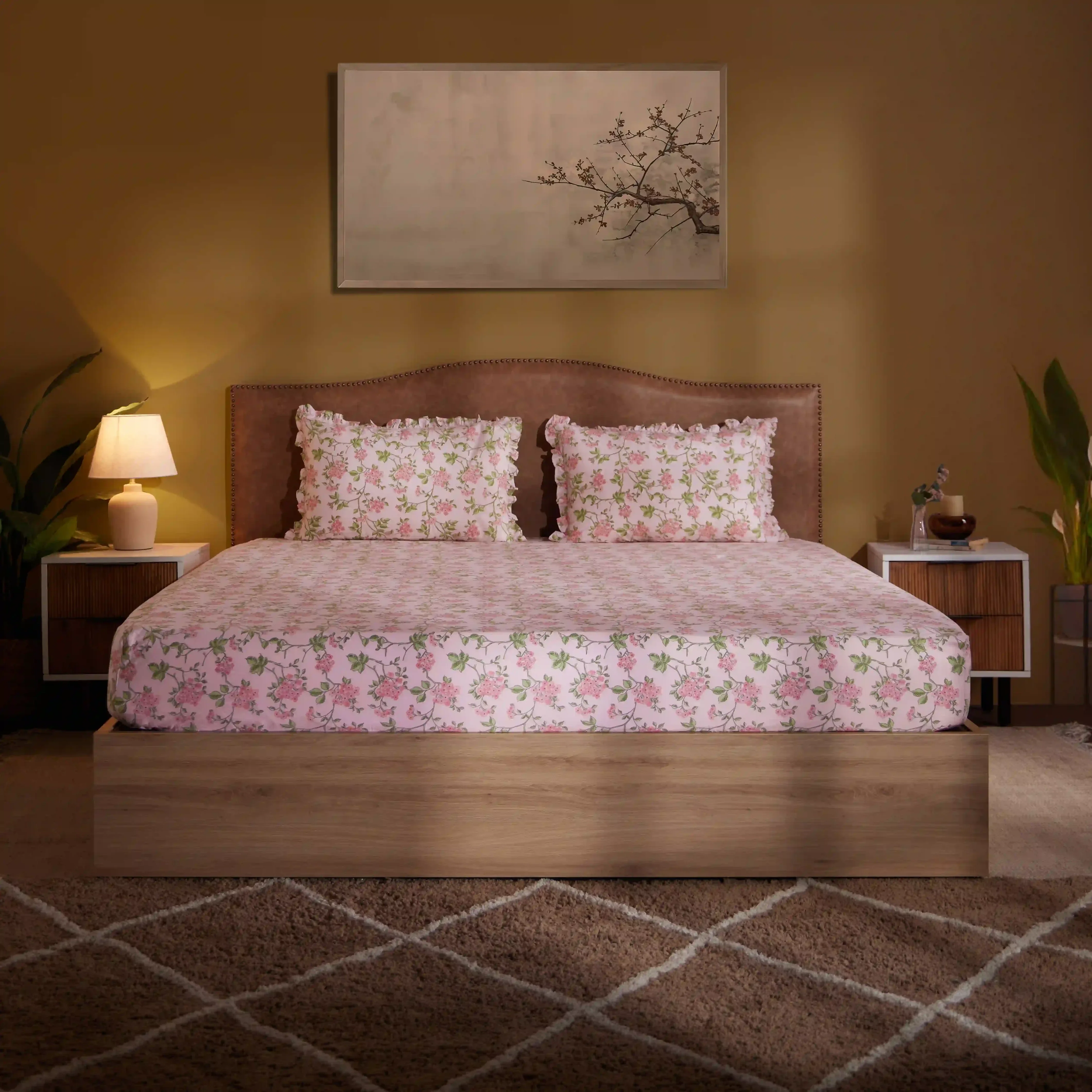 Bloomshire Luxe | Romantic Flora Printed Cotton Fitted Sheet Set | Pillow Cover with Frills-Pink - Image 2