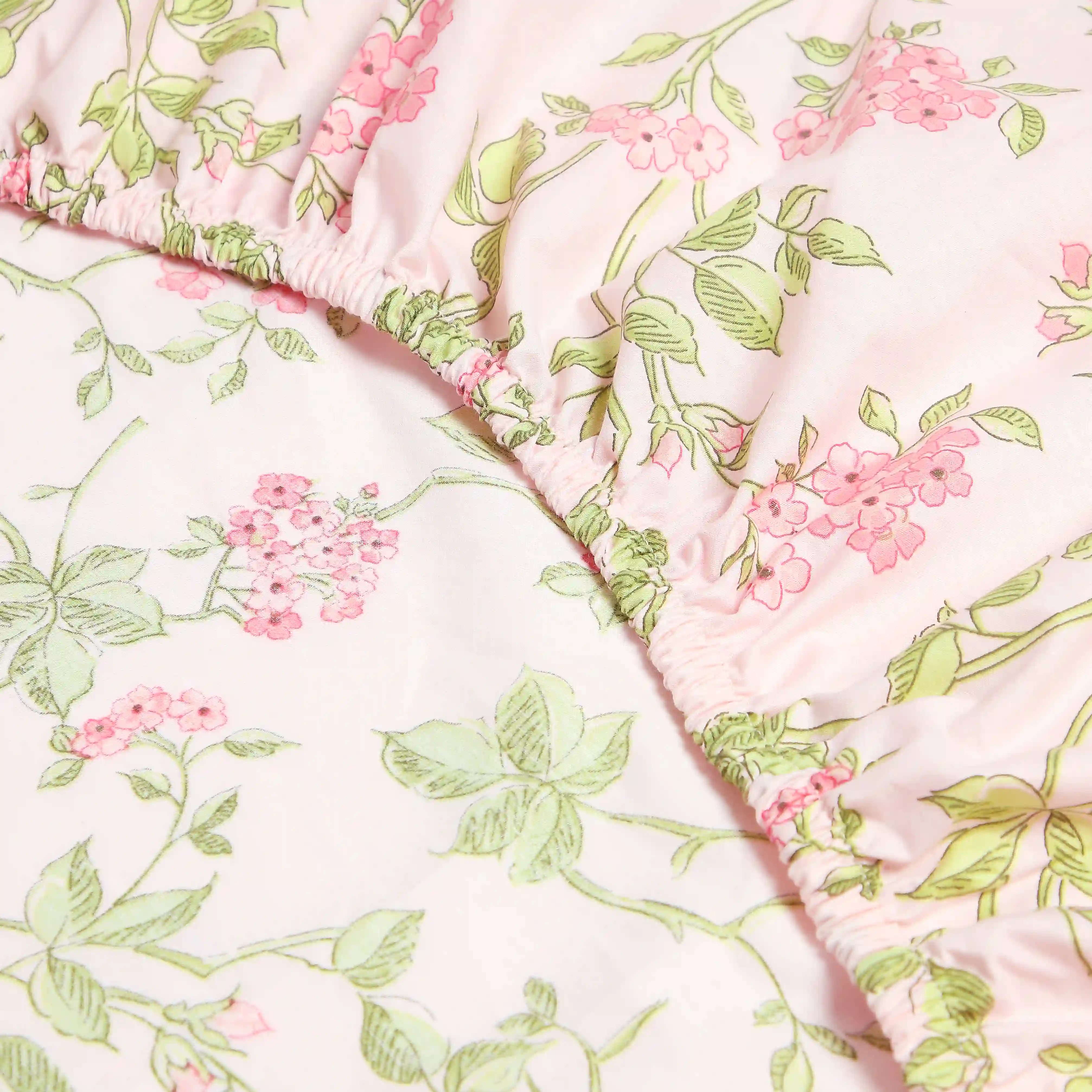 Bloomshire Luxe | Romantic Flora Printed Cotton Fitted Sheet Set | Pillow Cover with Frills-Pink - Image 7