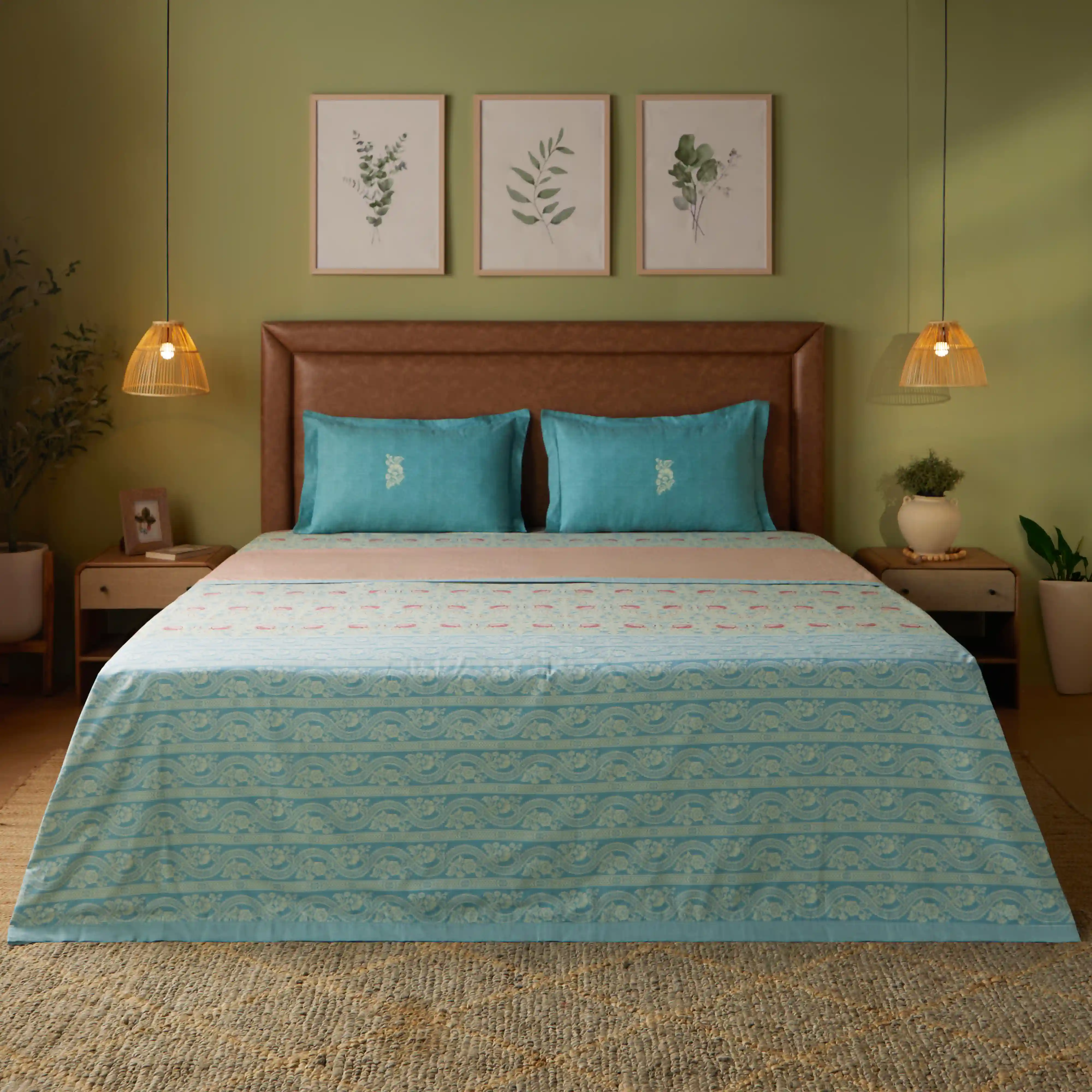 Chippa Lane | Contemporary Indian Print Design Coordinated Bedding Set | Set of Bedsheet & Dohar-Light Blue - Image 2