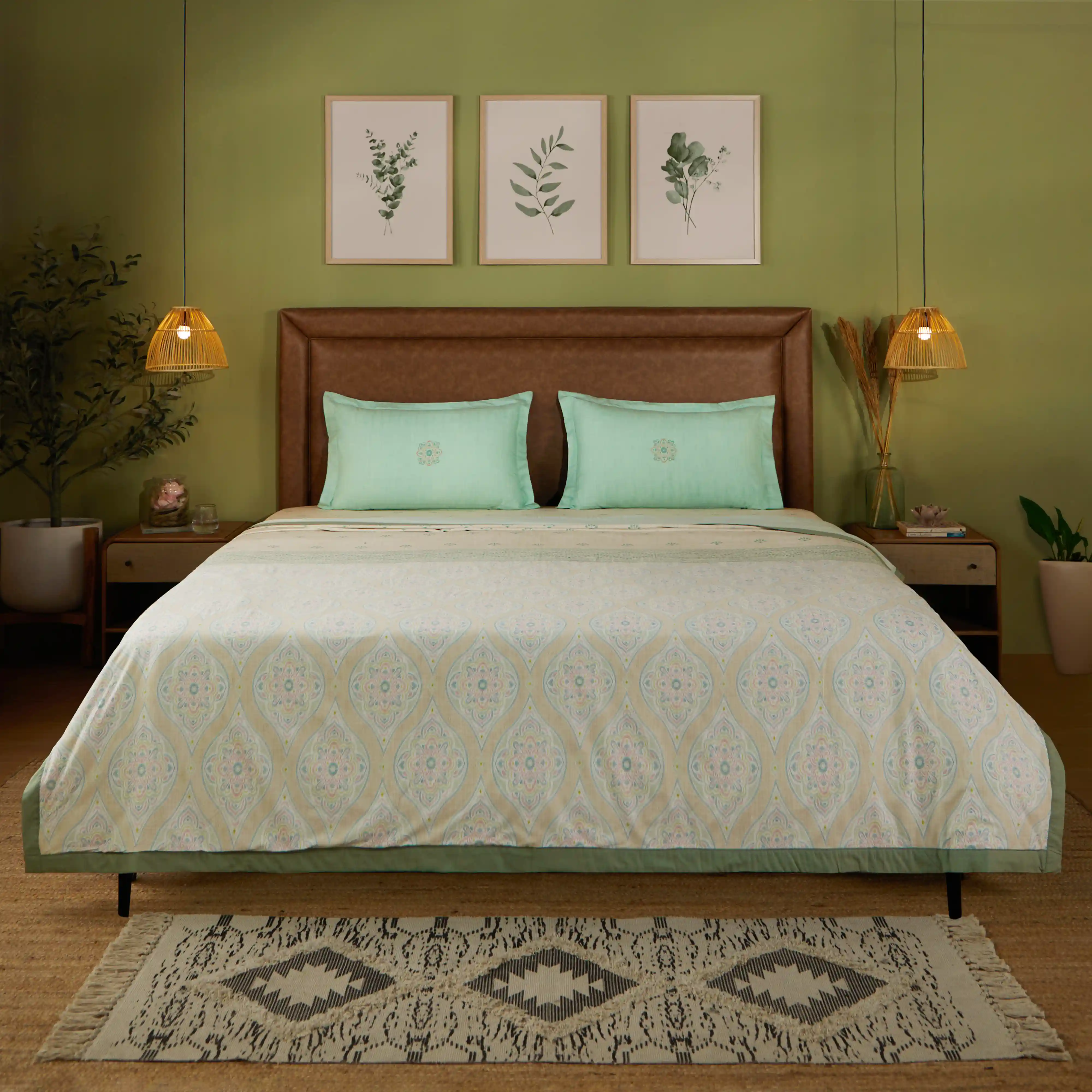 Chippa Lane | Contemporary Indian Print Design Coordinated Bedding Set | Set of Bedsheet & Dohar-Sage - Image 2