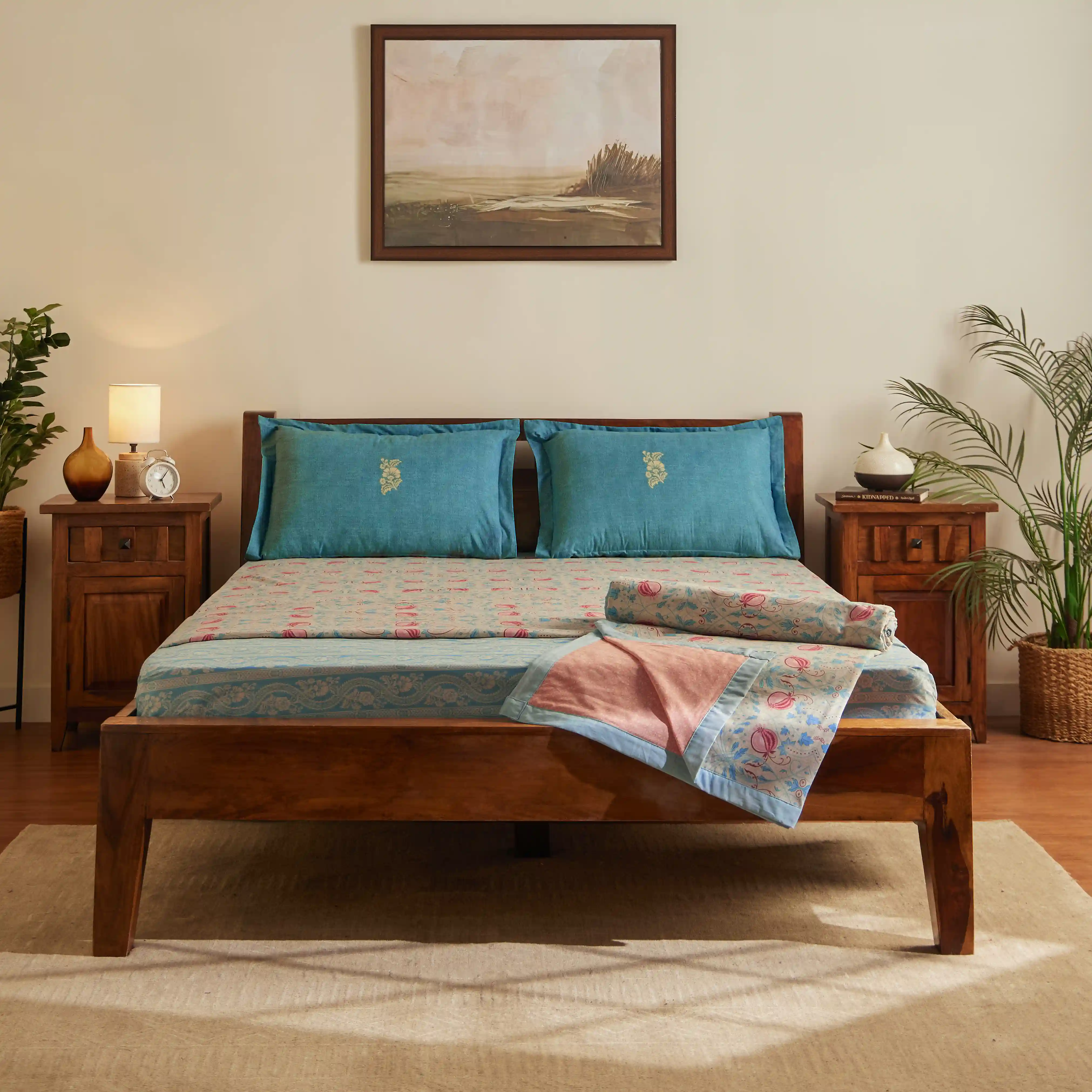 Chippa Lane | Contemporary Indian Print Design Coordinated Bedding Set | Set of Bedsheet & Dohars-Light Blue - Image 2