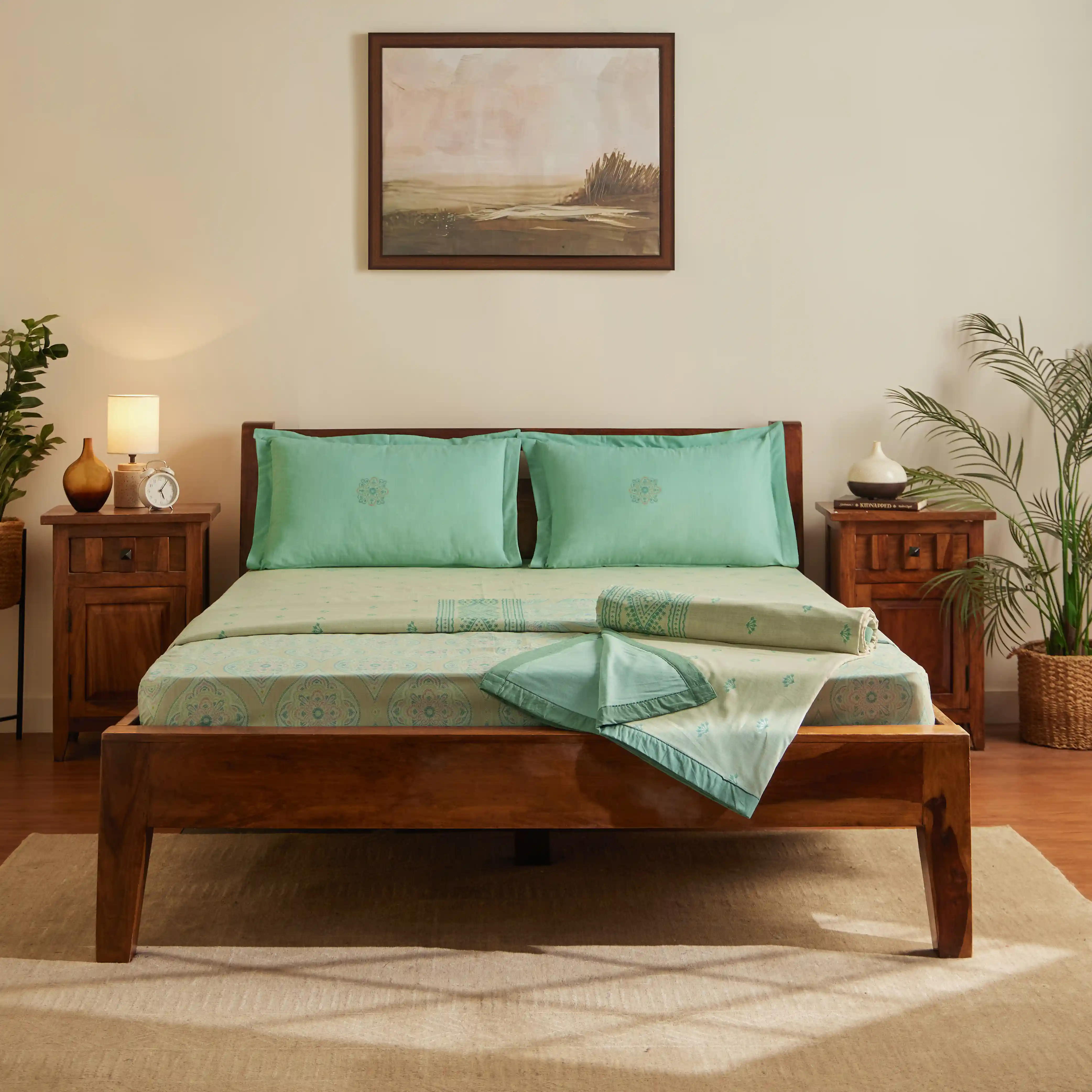 Chippa Lane | Contemporary Indian Print Design Coordinated Bedding Set | Set of Bedsheet & Dohars-Sage - Image 2