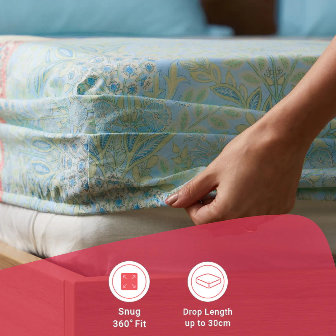Chippa Lane | Contemporary Indian Print Design Cotton Fitted Sheet Set-Sage Bloom - Image 13