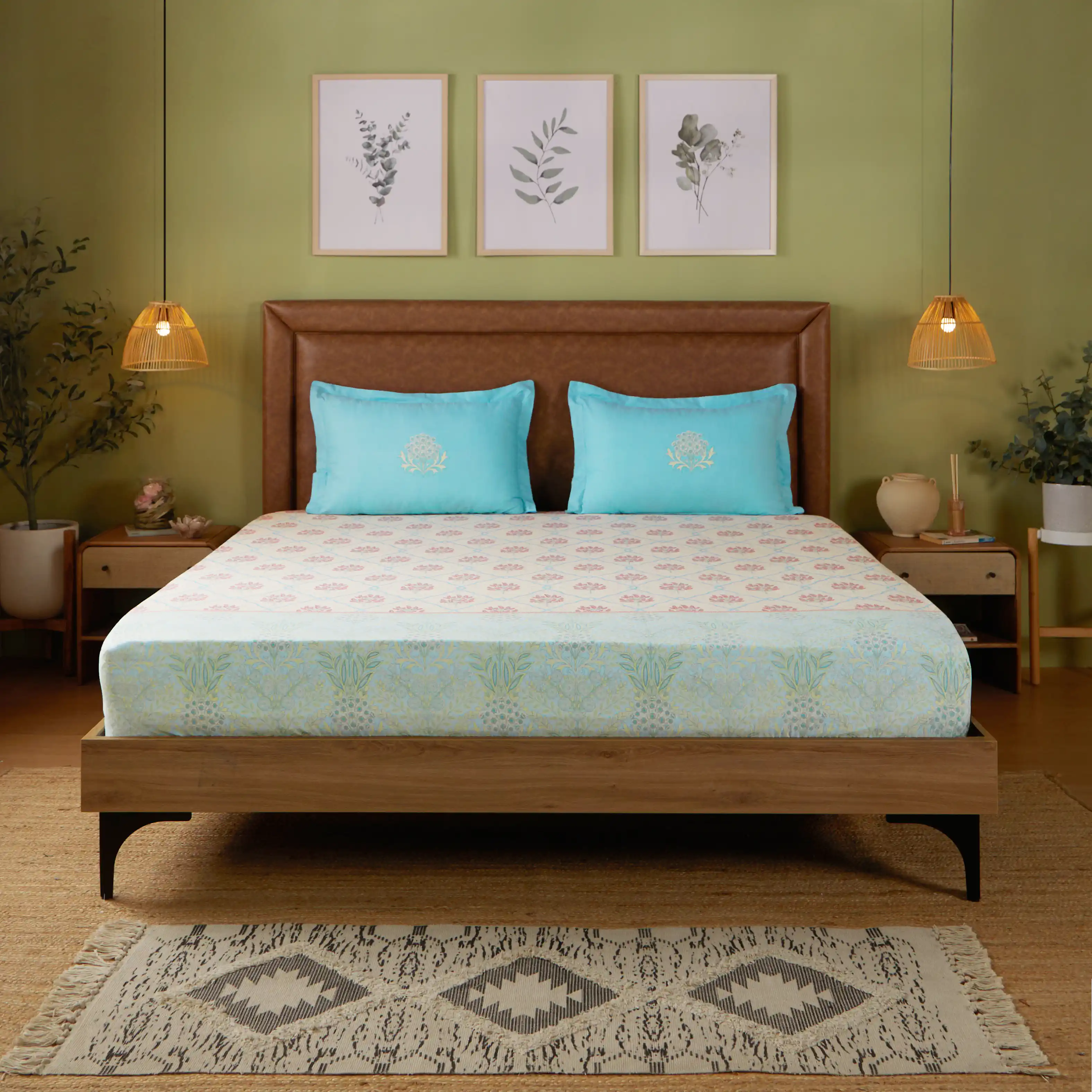 Chippa Lane | Contemporary Indian Print Design Cotton Fitted Sheet Set-Sage Bloom - Image 8