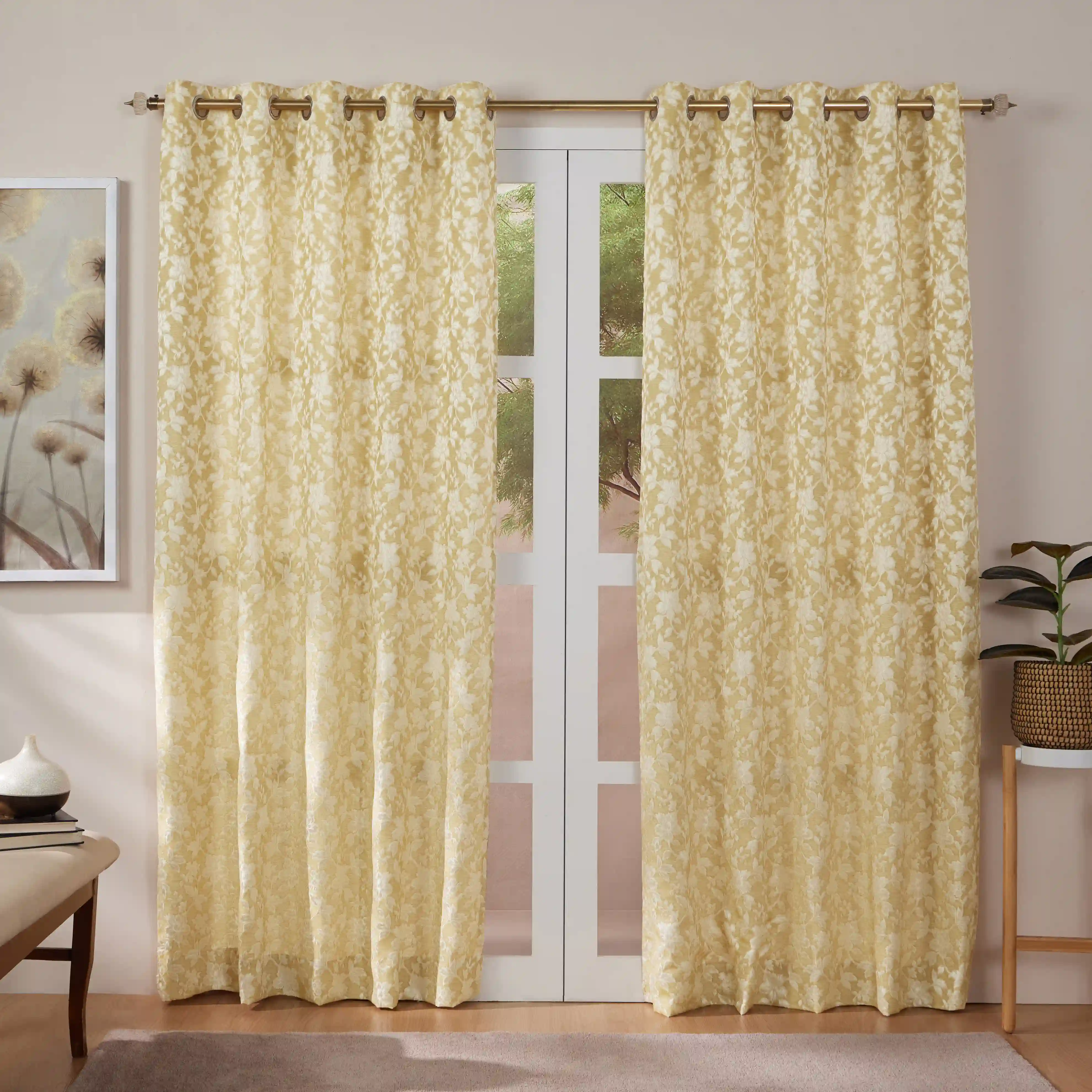 De Jacquard - Luxe Set Of 2 Jacquard Readymade Curtains | Monochrome Flora - Image 29