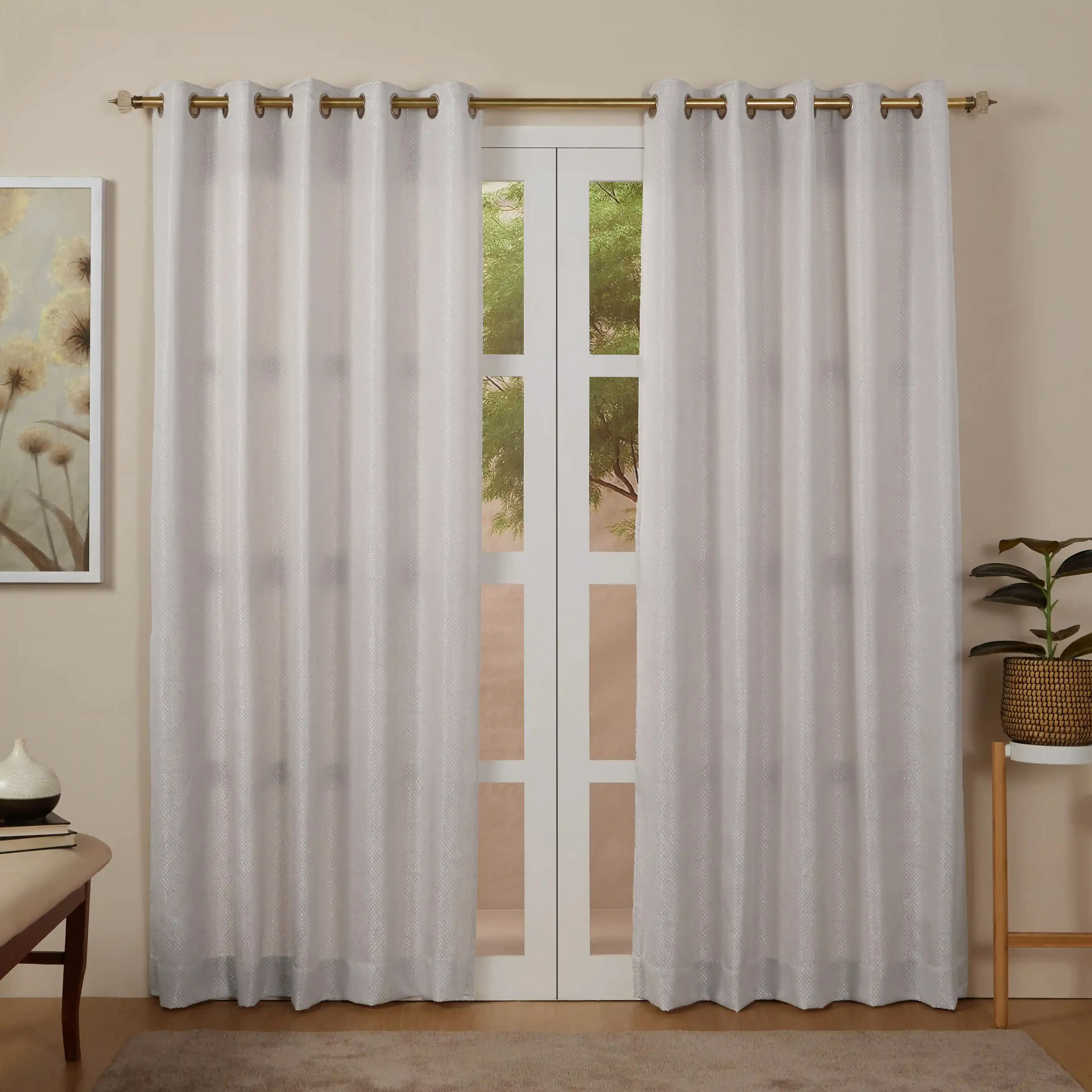 De Jacquard - Luxe Set Of 2 Jacquard Readymade Curtains | Natural Imprint - Image 26