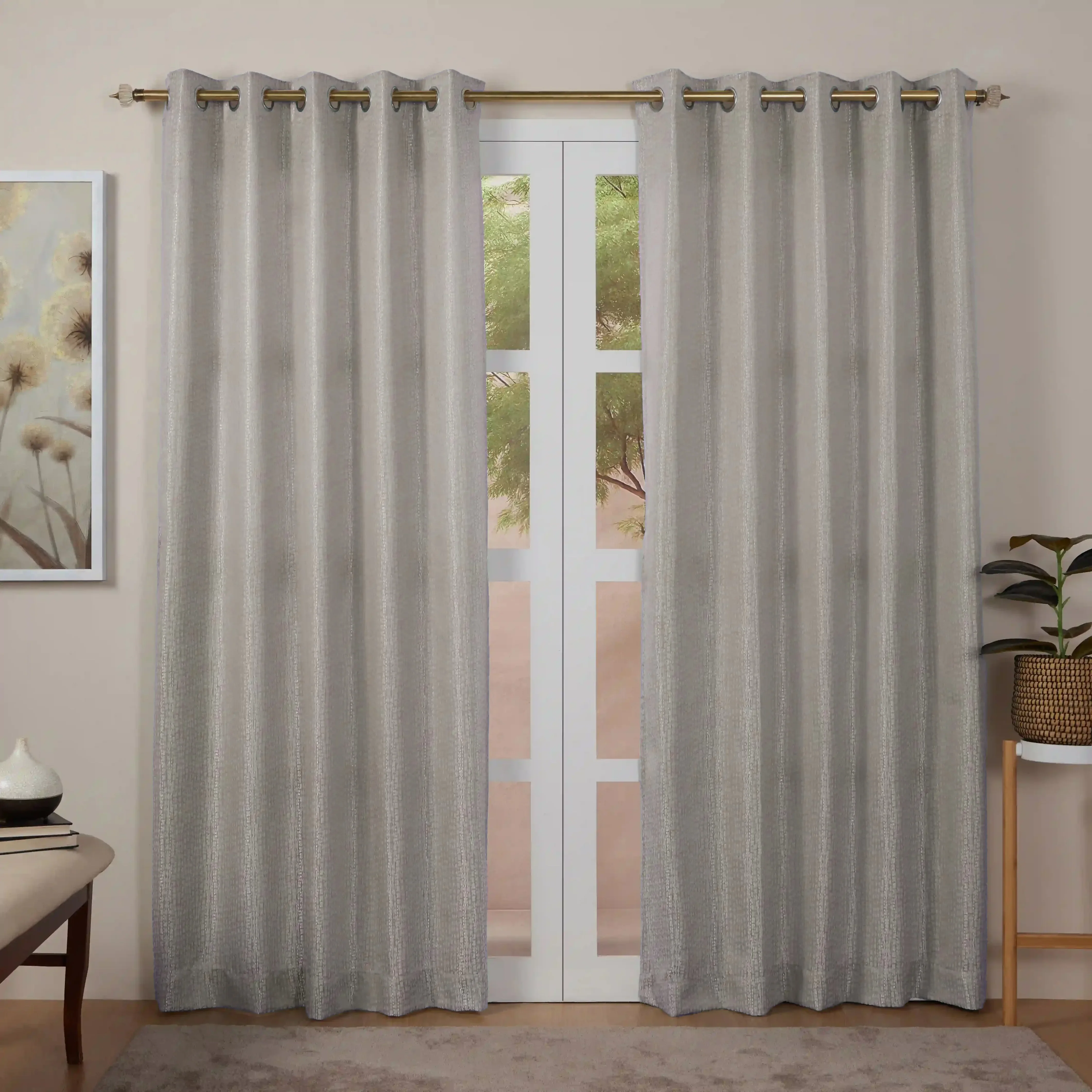 De Jacquard - Luxe Set Of 2 Jacquard Readymade Curtains | Natural Imprint - Image 28