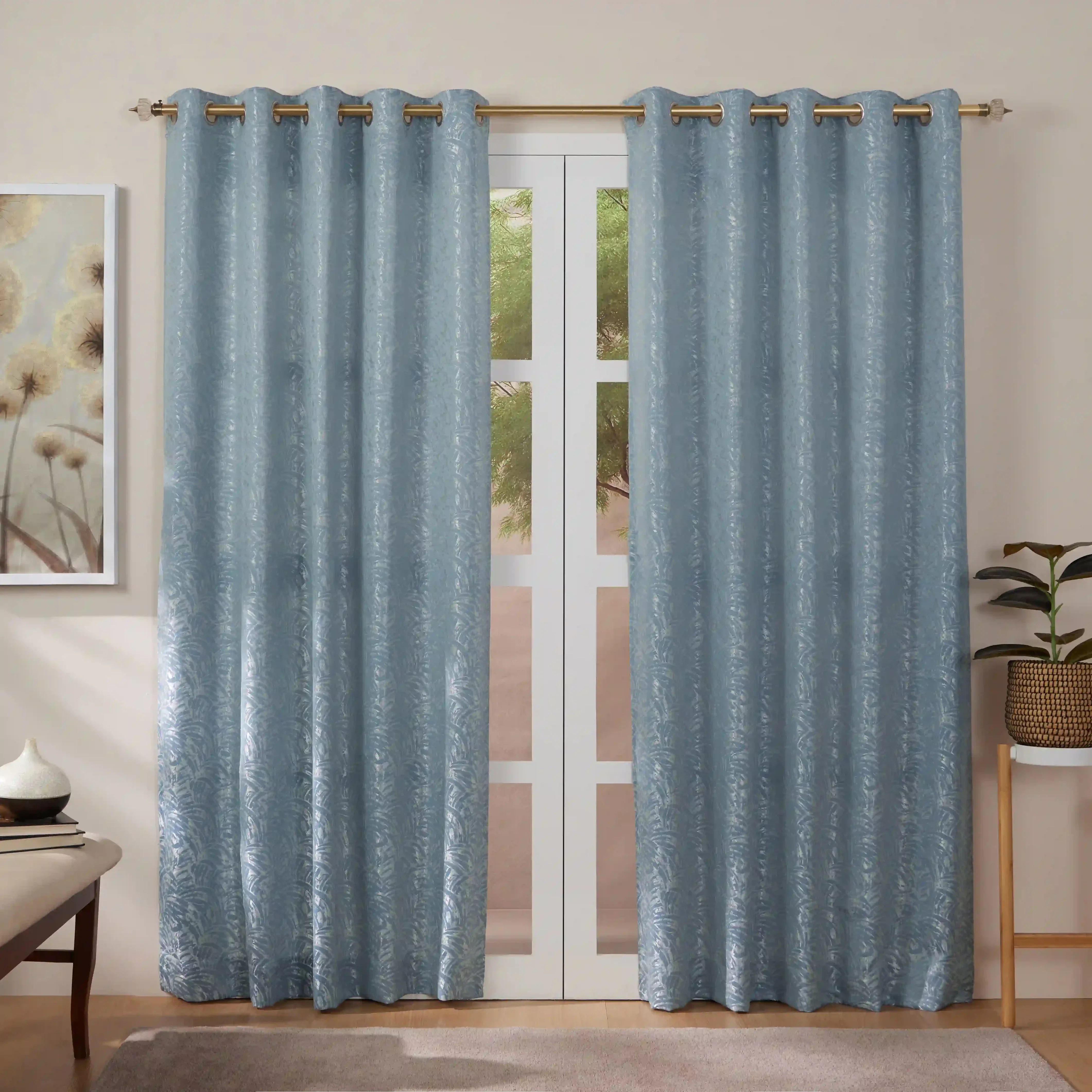 De Jacquard - Luxe Set Of 2 Jacquard Readymade Curtains | Natural Imprint - Image 33