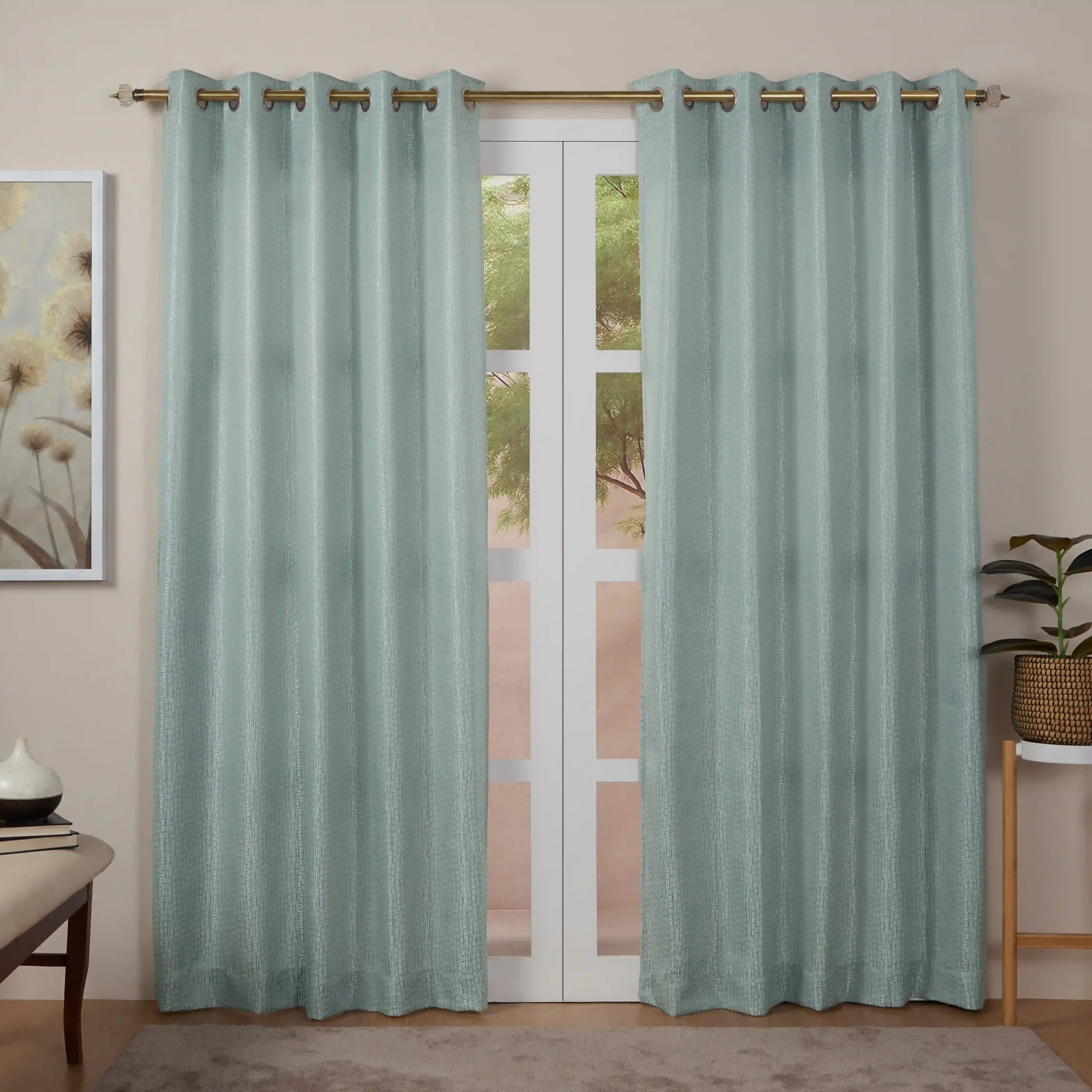 De Jacquard - Luxe Set Of 2 Jacquard Readymade Curtains | Natural Imprint - Image 53