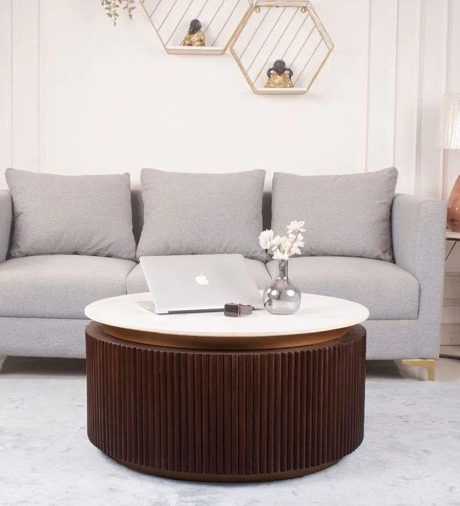Orion Fluted Coffee Table with Dark Walnut Finish and Composite Marble Top