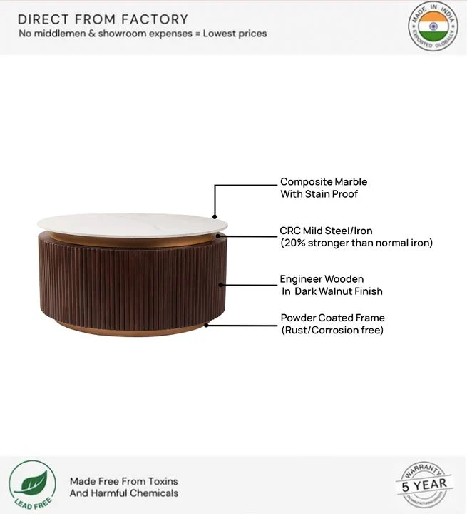Orion Fluted Coffee Table with Dark Walnut Finish and Composite Marble Top - Image 6