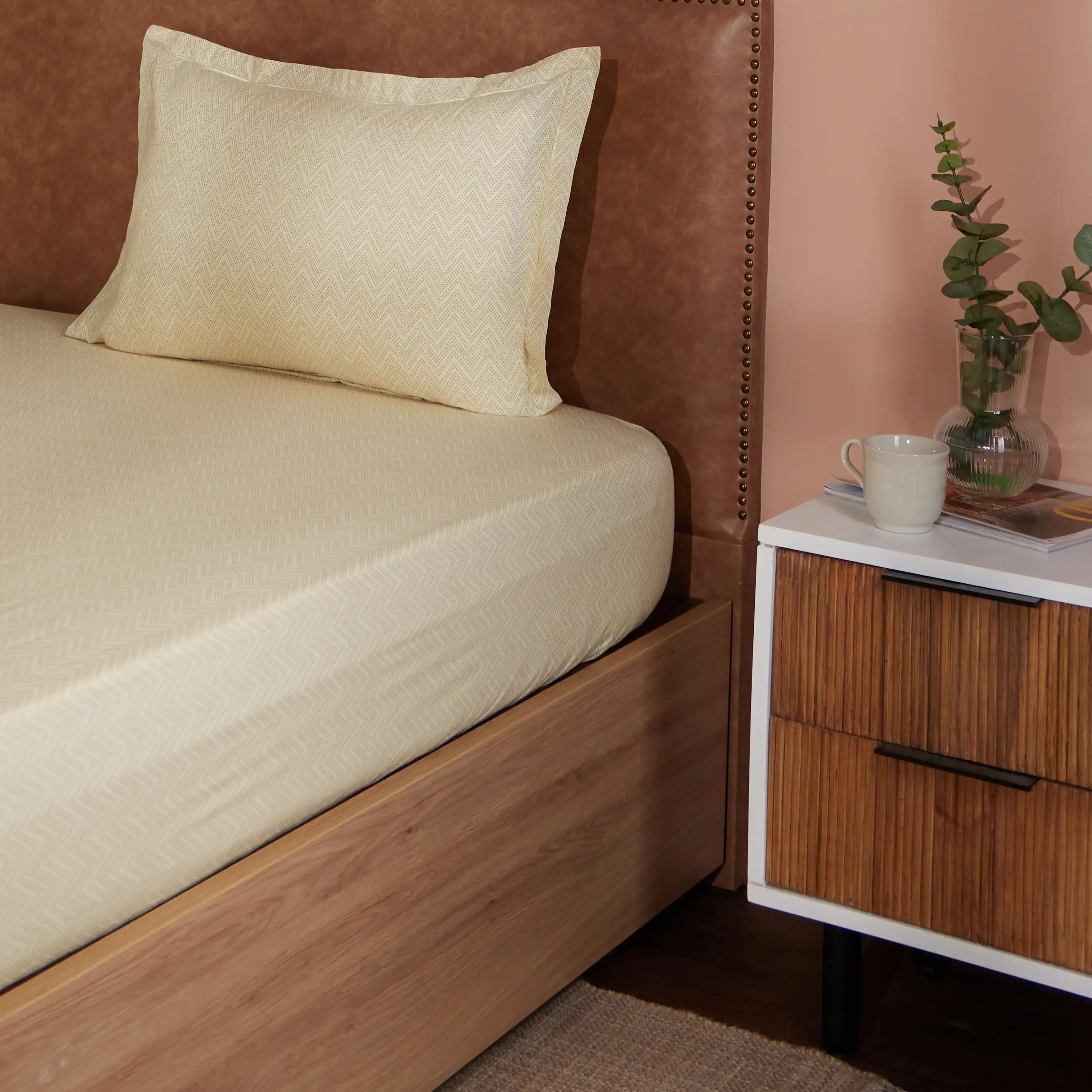 Threadscapes | Woven Textured Printed Cotton Bedsheet Set | Pillow Cover with Merrow Hem Treatment-Beige
