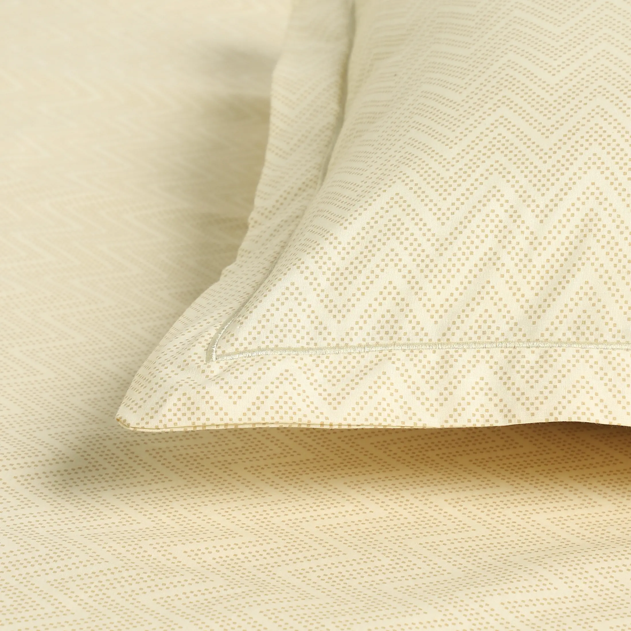 Threadscapes | Woven Textured Printed Cotton Bedsheet Set | Pillow Cover with Merrow Hem Treatment-Beige - Image 15