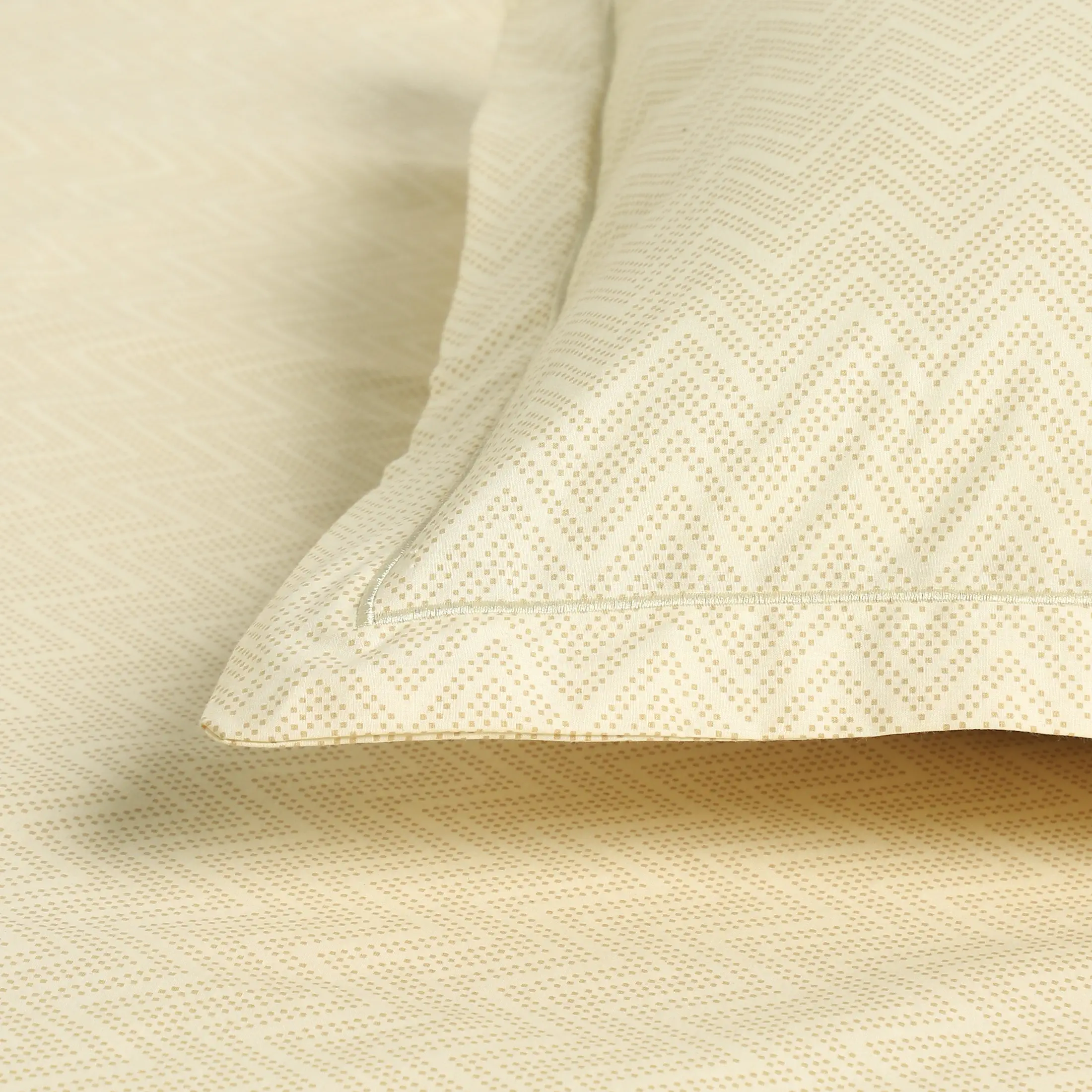 Threadscapes | Woven Textured Printed Cotton Bedsheet Set | Pillow Cover with Merrow Hem Treatment-Beige - Image 5