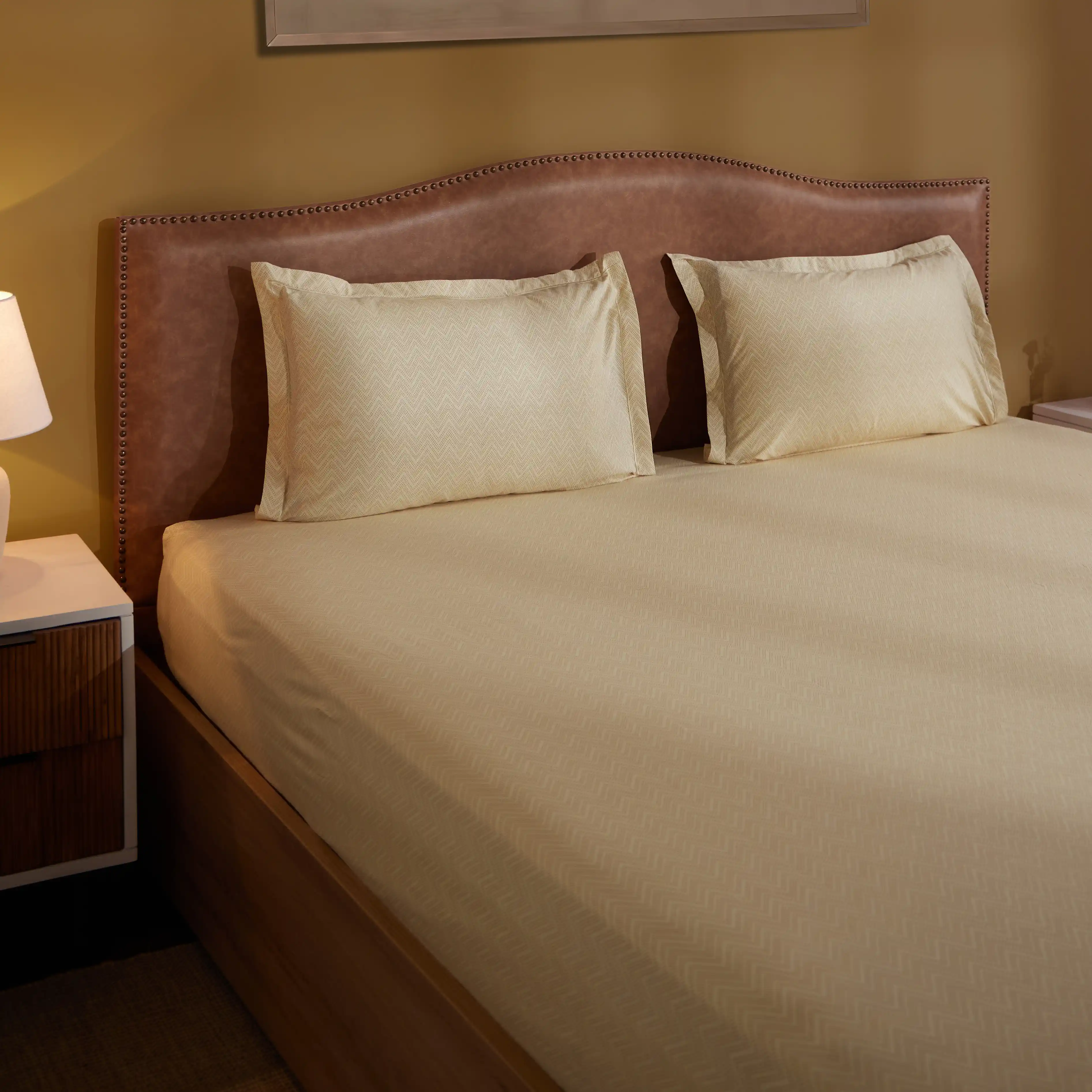 Threadscapes | Woven Textured Printed Cotton Bedsheet Set | Pillow Cover with Merrow Hem Treatment-Beige - Image 6