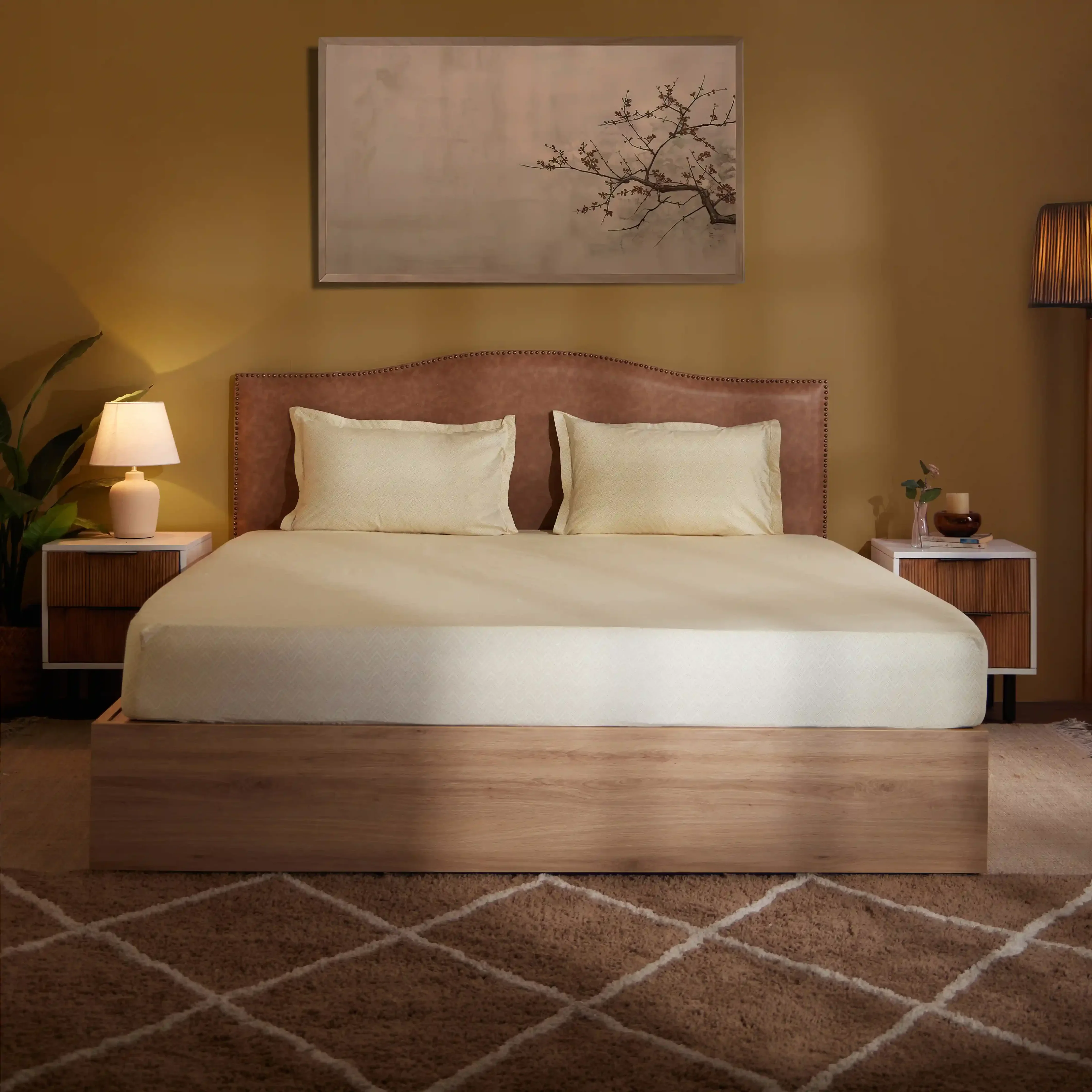 Threadscapes | Woven Textured Printed Cotton Bedsheet Set | Pillow Cover with Merrow Hem Treatment-Beige - Image 7