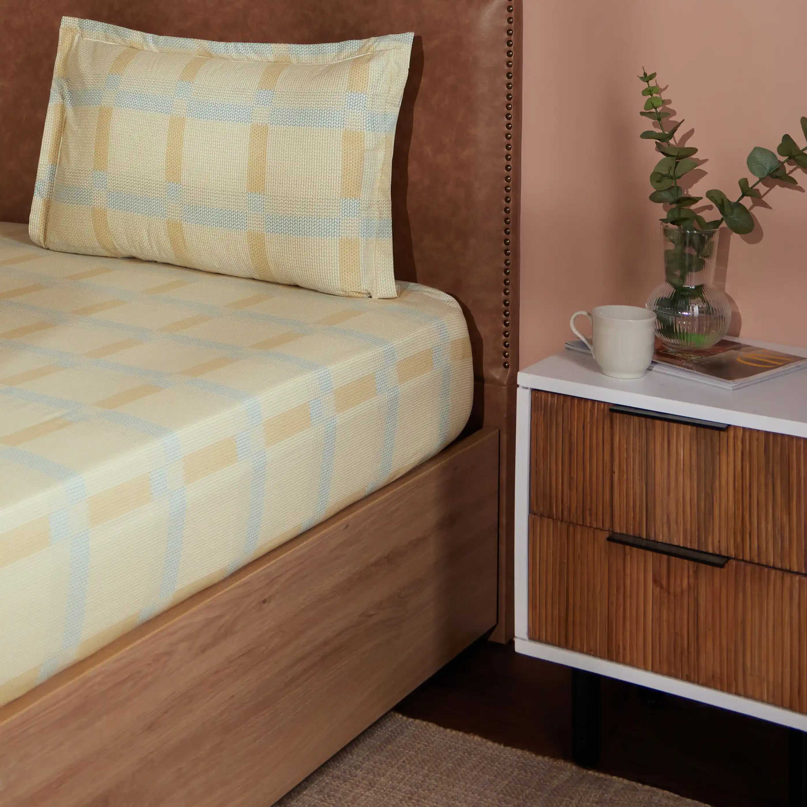 Threadscapes | Woven Textured Printed Cotton Bedsheet Set | Pillow Cover with Merrow Hem Treatment-Sand