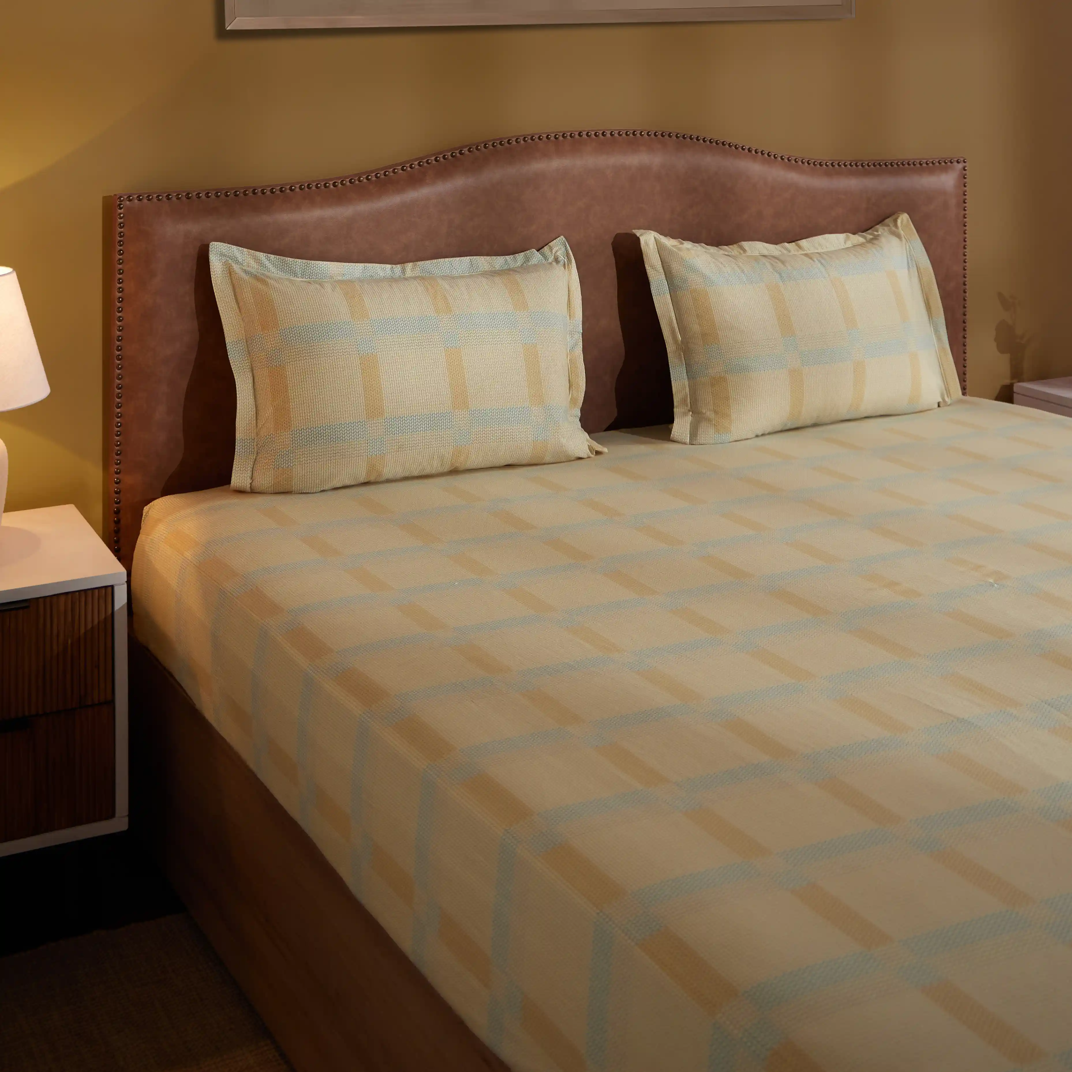 Threadscapes | Woven Textured Printed Cotton Bedsheet Set | Pillow Cover with Merrow Hem Treatment-Sand - Image 6