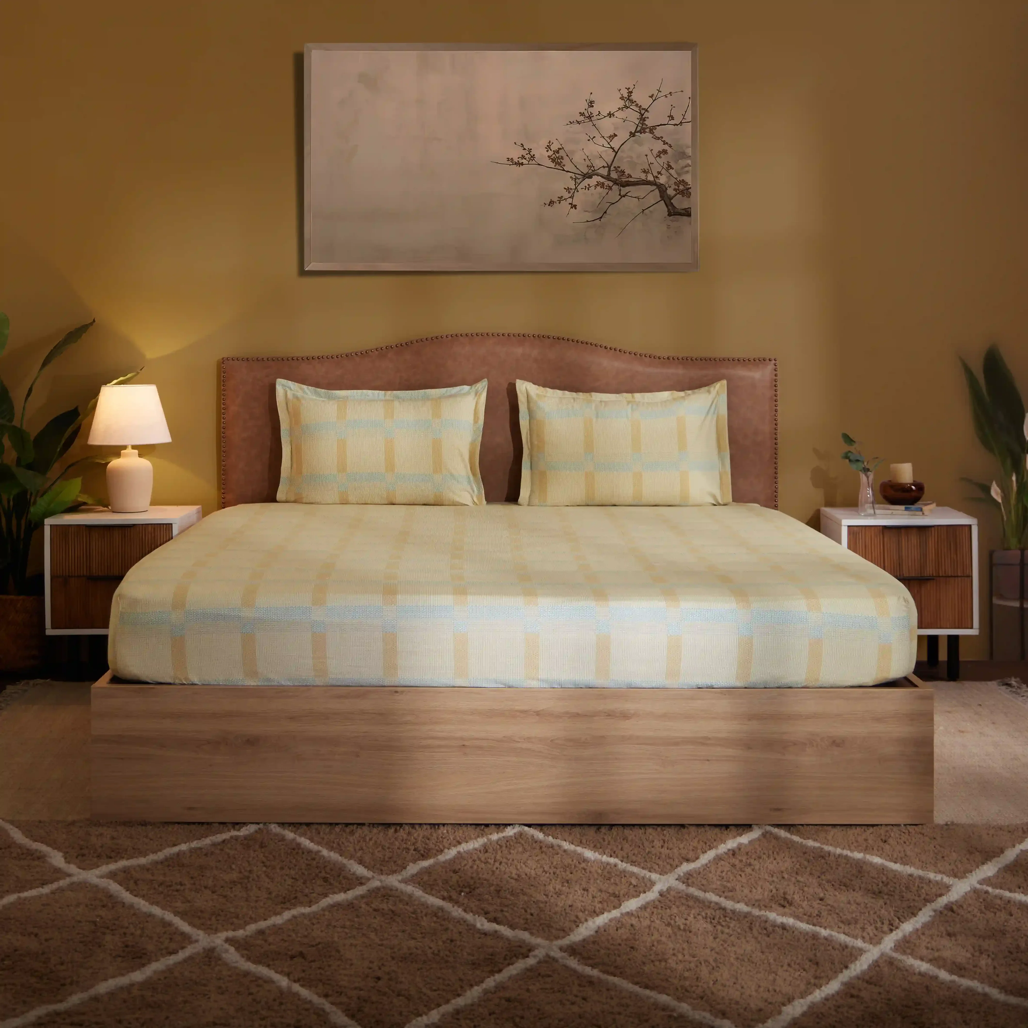 Threadscapes | Woven Textured Printed Cotton Bedsheet Set | Pillow Cover with Merrow Hem Treatment-Sand - Image 7