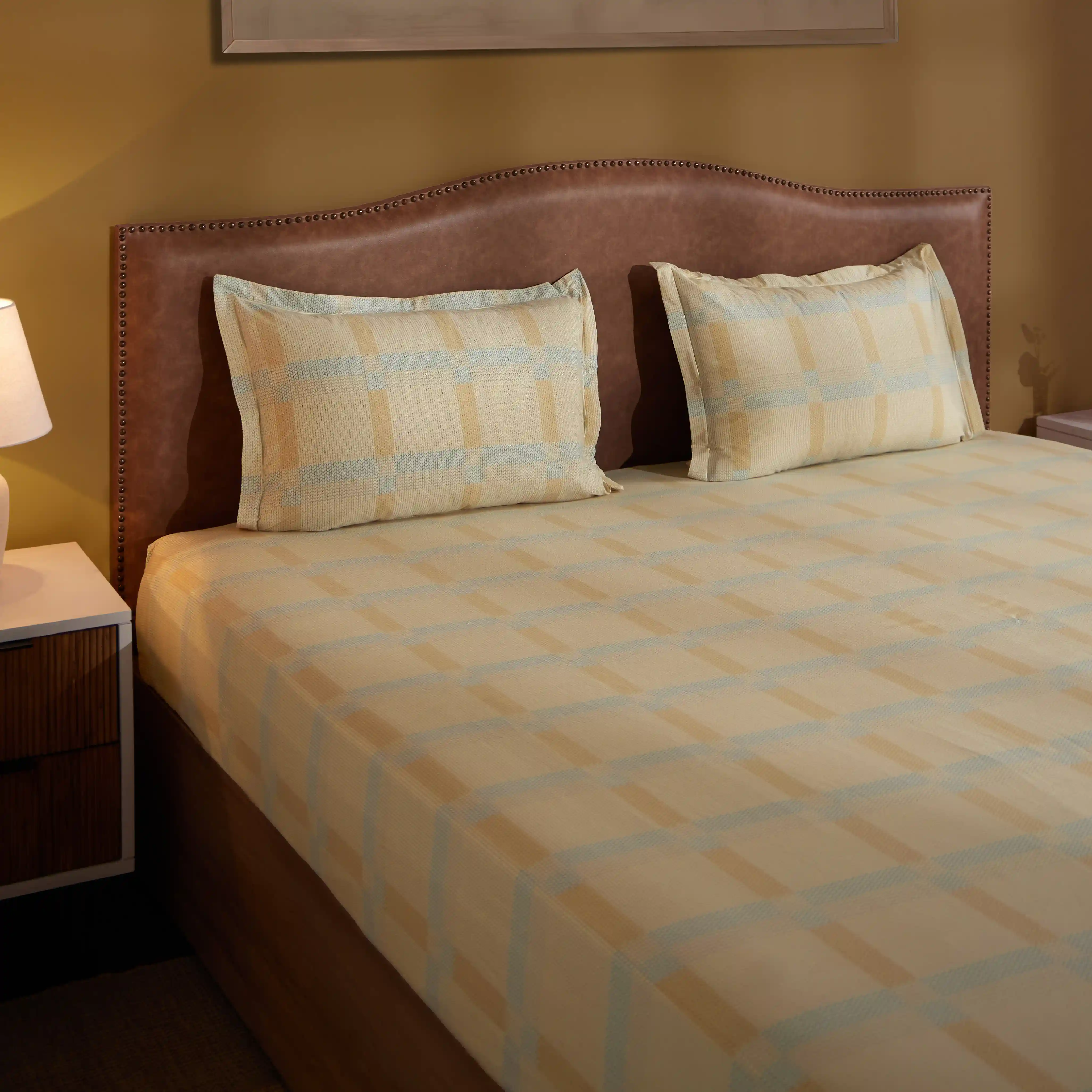 Threadscapes | Woven Textured Printed Cotton Fitted Sheet Set | Pillow Cover with Merrow Hem Treatment-Sand